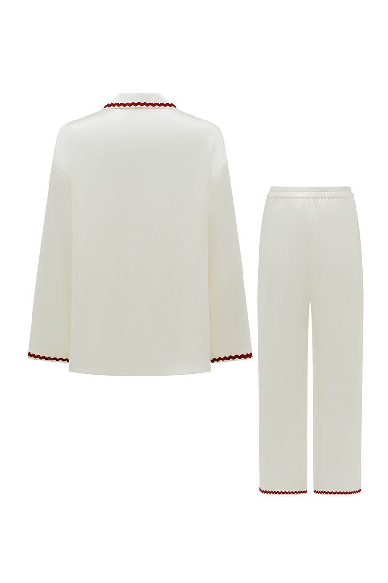 Pearl white contrast wave-trim long pajama set by Not Just Pajama, featuring a comfortable fit and stylish design.