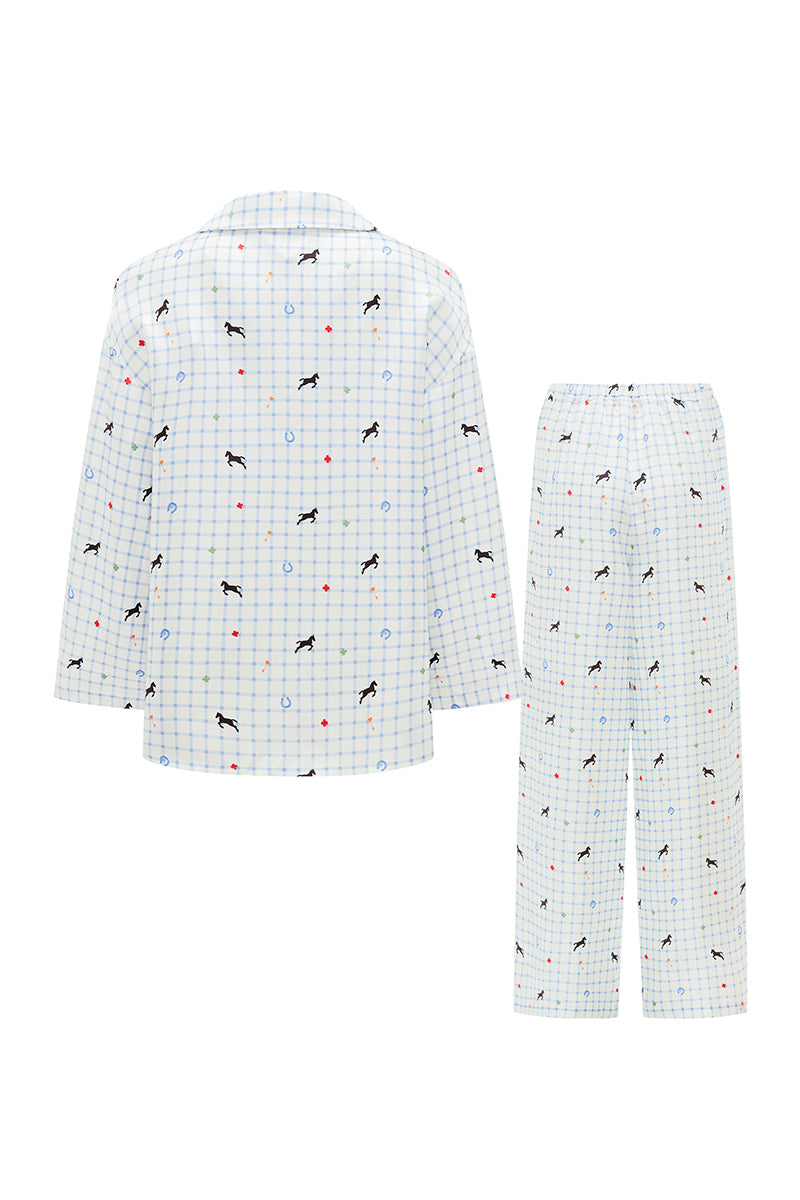 Blue print Twill Long Pajama Set by Not Just Pajama, featuring a comfortable shirt and matching pants.