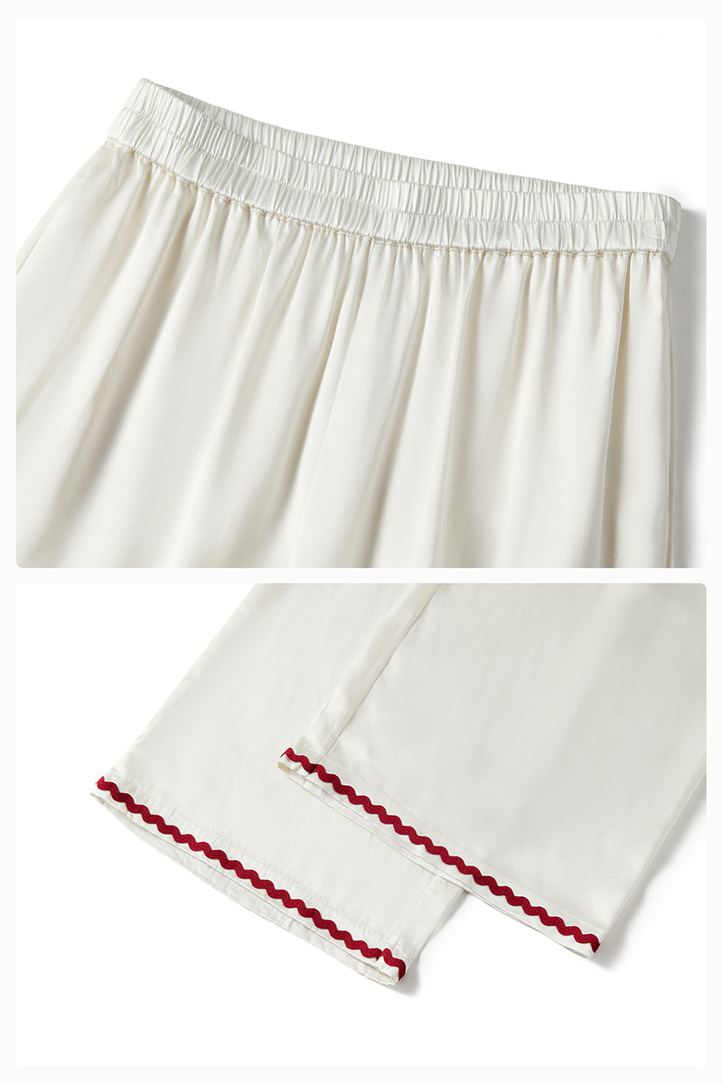 Pearl white contrast wave-trim long pajamas set by Not Just Pajama, featuring a comfortable, stylish sleepwear design.