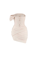 Ivory tulle asymmetric sleeved mesh mini dress by CEM, featuring a stylish short design with elegant sleeve details.