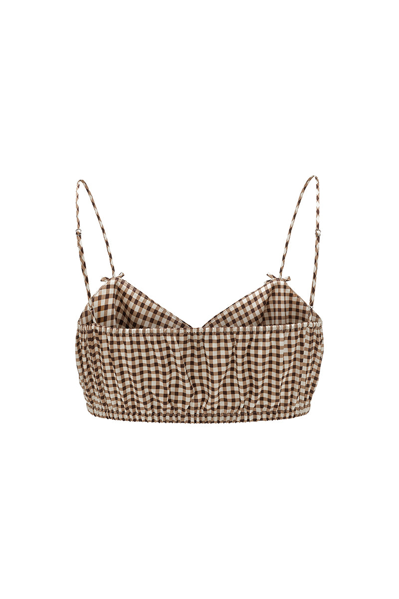 Brown plaid printed bandeau top and matching shorts pajamas from Not Just Pajama, featuring a comfortable and stylish sleepwear set.
