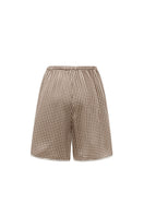 Brown plaid printed bandeau top and matching shorts from Not Just Pajama, styled as cozy pajama set.