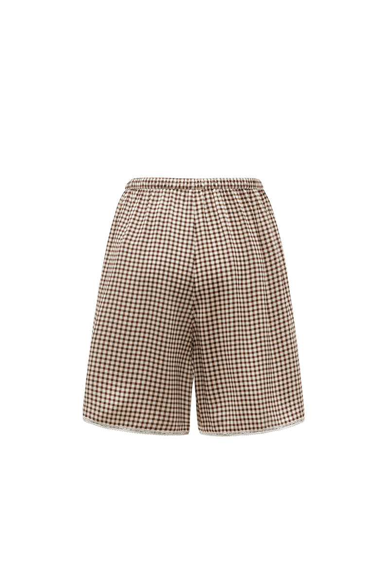 Brown plaid printed bandeau top and matching shorts from Not Just Pajama, styled as cozy pajama set.
