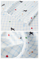 Blue print twill long pajama set from Not Just Pajama featuring a comfortable, relaxed fit and tailored design.
