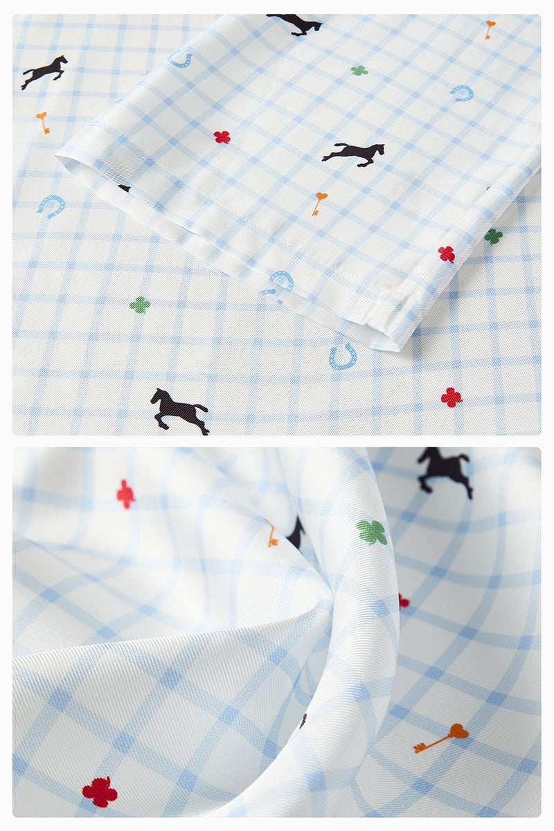 Blue print twill long pajama set from Not Just Pajama featuring a comfortable, relaxed fit and tailored design.