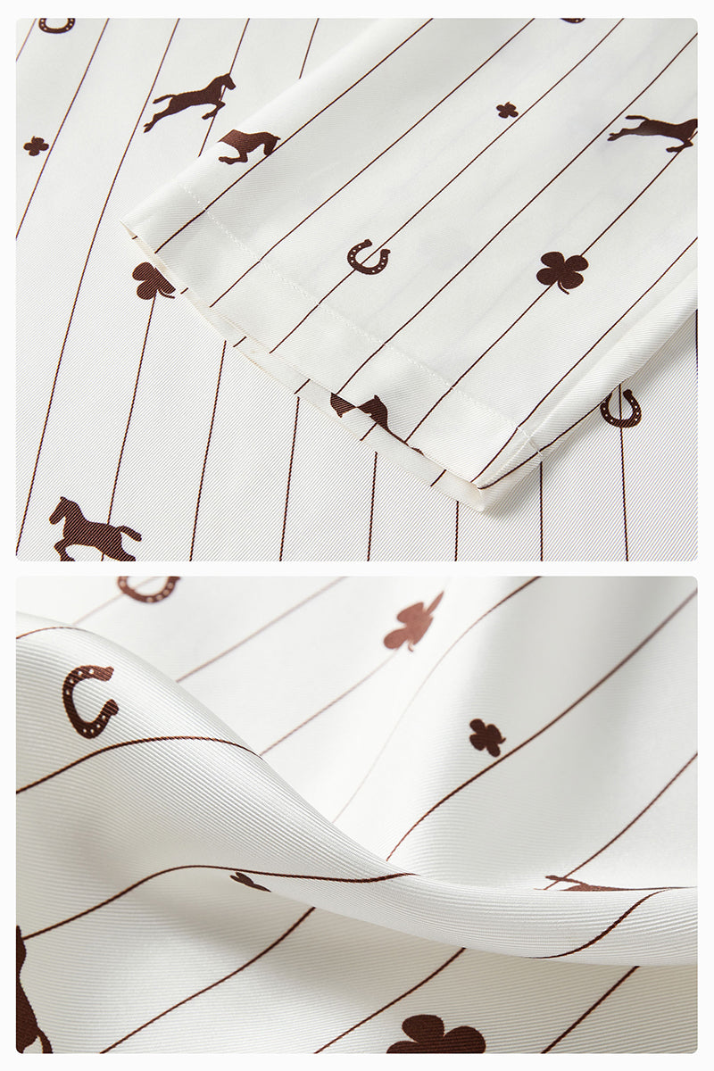 Unisex brown printed twill pajamas set featuring a long-sleeve top and matching pants, comfortable and stylish for sleep or lounging.