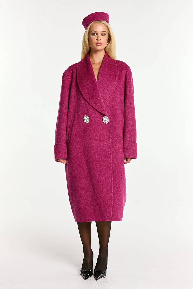 Nana Jacqueline Audrina coat in rose red, stylish and warm, shown hanging with a smooth fabric texture and tailored fit.