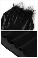 Black bias-cut slip dress with rhinestones and feather embellishments, featuring a flowing maxi dress style by Not Just Pajama.