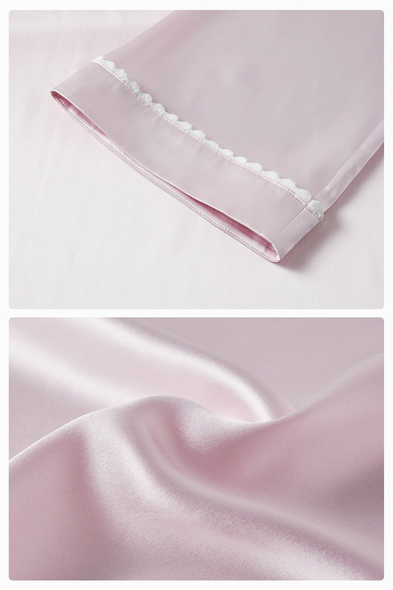 Pink plush trim long pajamas set by Not Just Pajama, featuring soft fabric and cozy fit for comfortable sleepwear.