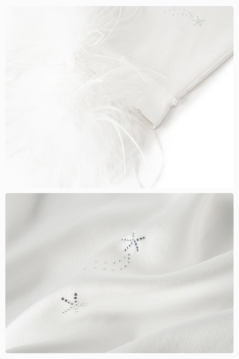 RHINESTONE AND FEATHER LONG-SLEEVE SET IN WHITE FEATHERS - CULT MIA
