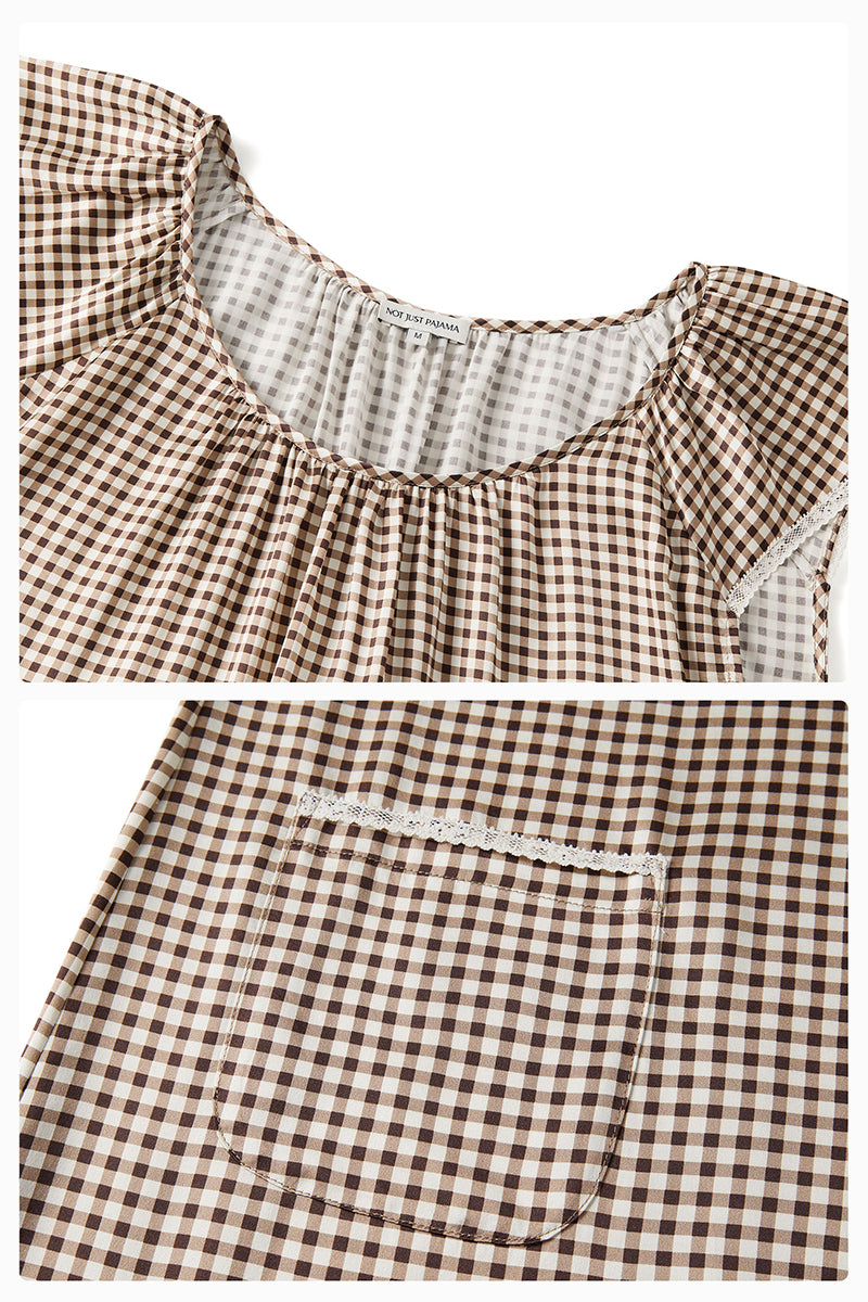 Brown plaid sleeveless midi dress by Not Just Pajama featuring a stylish printed pattern and a comfortable fit.