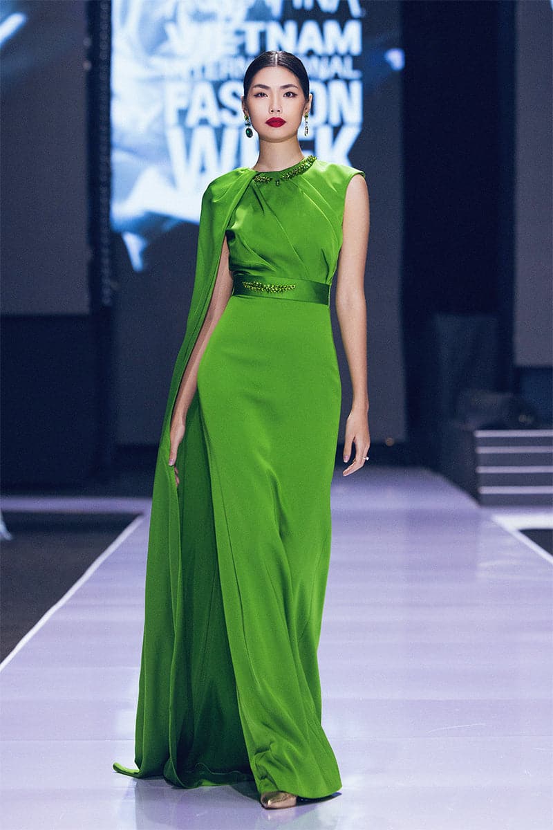GREEN ONE-SHOULDER CAPE DRAPED SILK DRESS - CULT MIA