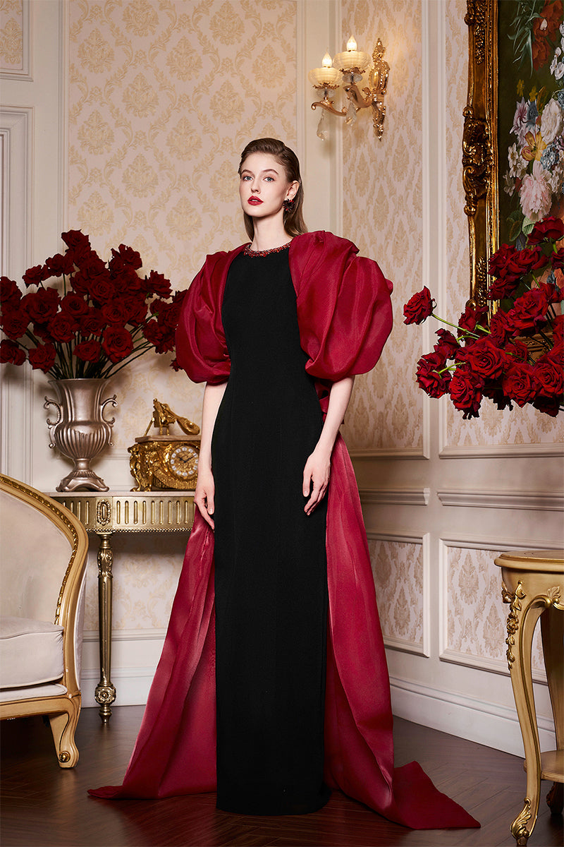 ROUND NECKLINE SCUBA GOWN WITH DRAPED ORGANZA SLEEVES - CULT MIA