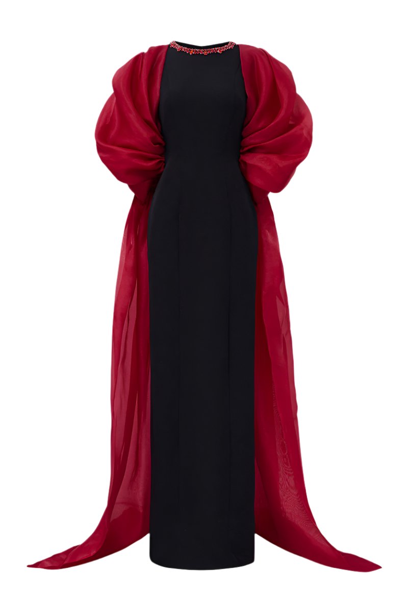 ROUND NECKLINE SCUBA GOWN WITH DRAPED ORGANZA SLEEVES - CULT MIA