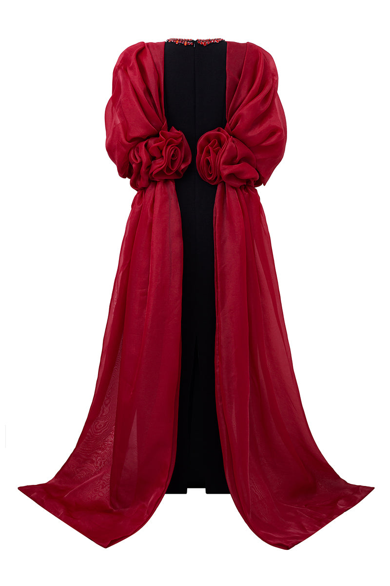 ROUND NECKLINE SCUBA GOWN WITH DRAPED ORGANZA SLEEVES - CULT MIA