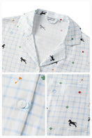 Not Just Pajama blue print twill long pajama set with button-up top and matching pants, comfortable sleepwear for women.