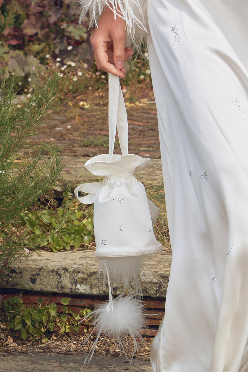 RHINESTONE AND FEATHER HANDBAG IN WHITE - CULT MIA