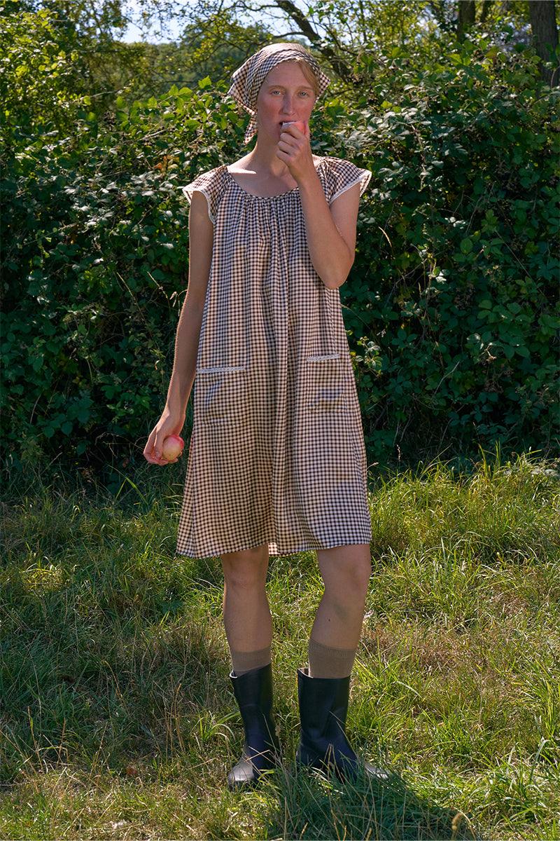 Farm Edit Silk Brown Plaid Print Sleeveless Dress, Brown / M