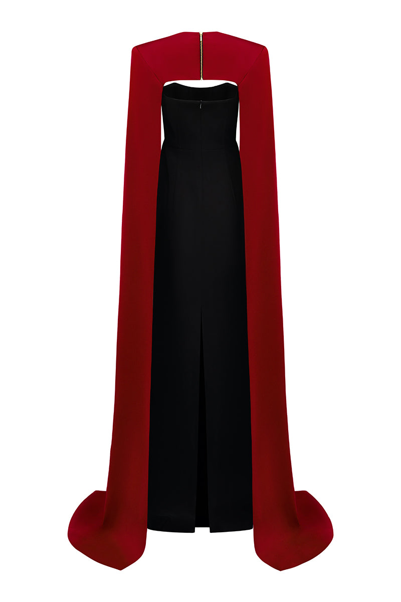 STRAPLESS RED VELVET CAPE GOWN - CULT MIA