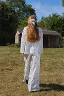 Blue print twill long pajama set from Not Just Pajama featuring a relaxed fit and button-up top.
