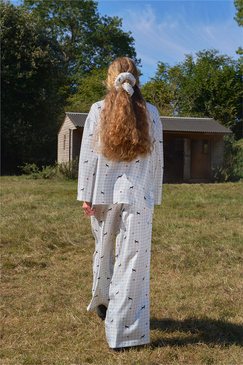 Blue print twill long pajama set from Not Just Pajama featuring a relaxed fit and button-up top.