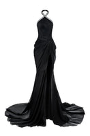 Black halter neck chiffon maxi gown by CEM, flowing design with elegant drape, perfect for formal occasions.