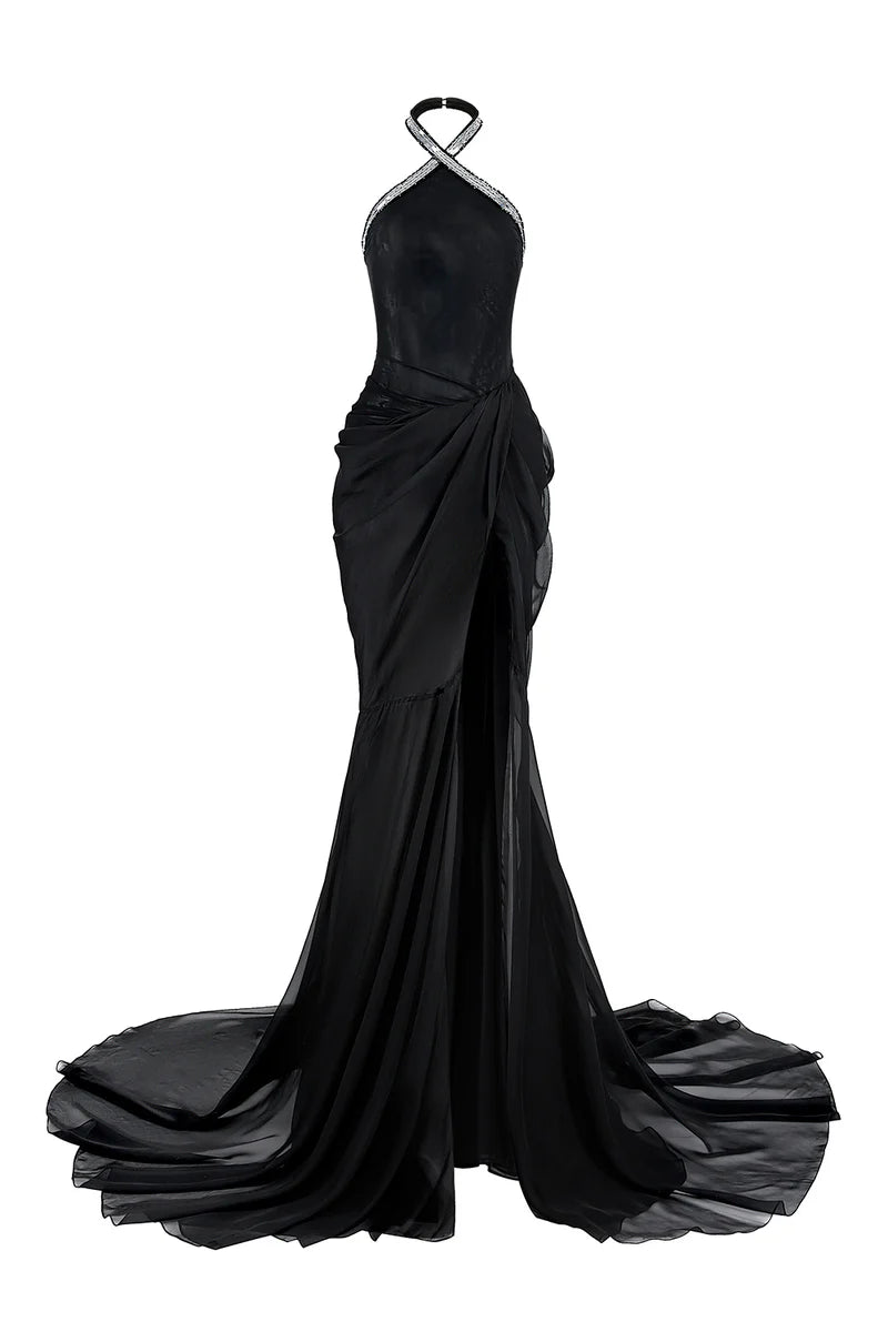 BLACK HALTER NECK CHIFFON GOWN