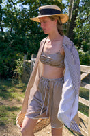Brown plaid printed bandeau top and shorts set from Not Just Pajama, comfortable pajama ensemble with matching print.