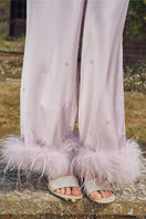 Light purple feather pajama set with rhinestone details, long-sleeve design by Not Just Pajama, cozy and stylish sleepwear.