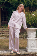 Light purple rhinestone long pajama set by Not Just Pajama featuring elegant details and comfortable fabric.