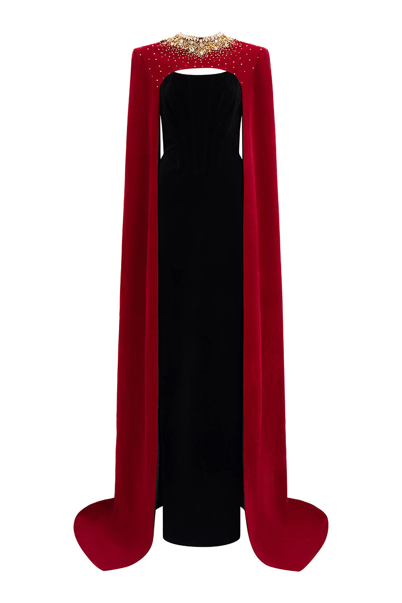 STRAPLESS RED VELVET CAPE GOWN - CULT MIA