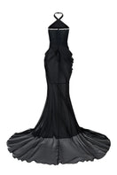 Black halter neck chiffon maxi dress by CEM, flowing elegant gown with a fitted bodice and long skirt, perfect for formal occasions.