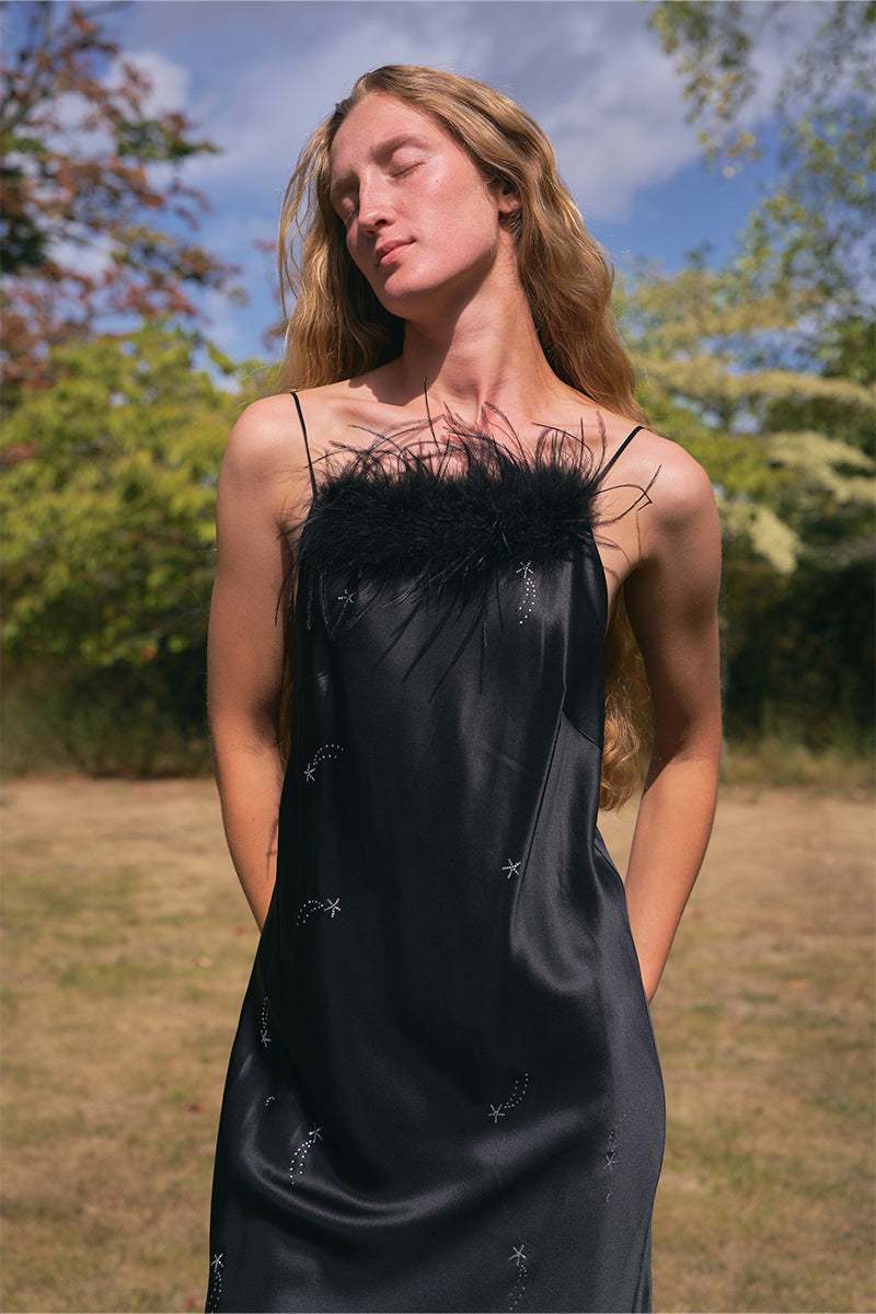 BIAS-CUT RHINESTONE AND FEATHER SLIP DRESS IN BLACK FEATHERS | CULT MIA