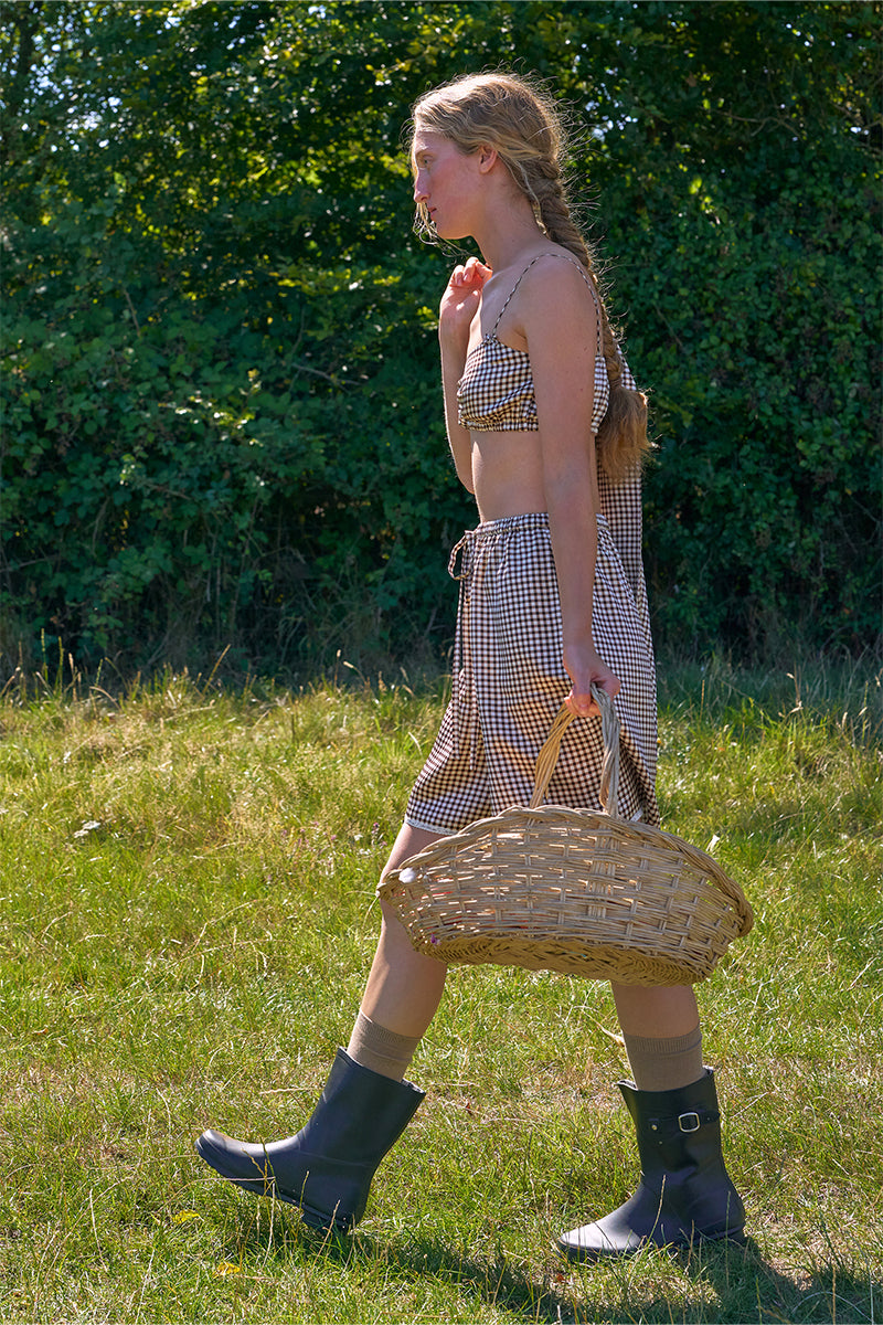 Brown plaid printed bandeau top and shorts pajama set by Not Just Pajama, featuring a comfortable, coordinated sleepwear look.