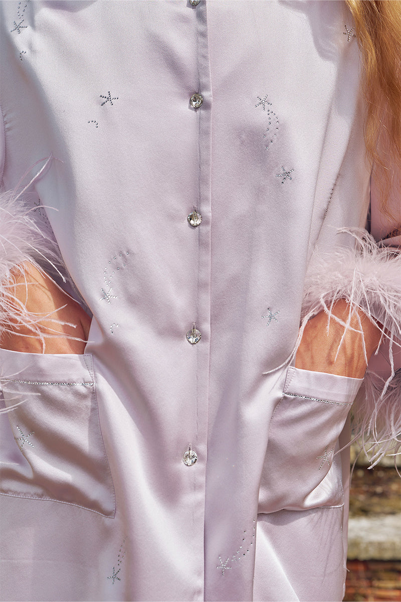 RHINESTONE AND FEATHER LONG-SLEEVE SET IN LIGHT PURPLE FEATHERS - CULT MIA