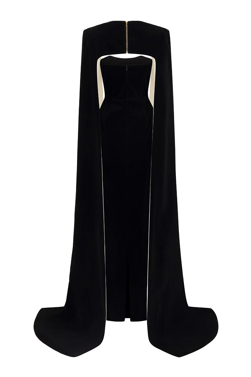STRAPLESS BLACK VELVET CAPE GOWN - CULT MIA