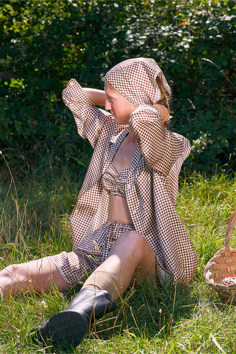Brown plaid printed bandeau top and shorts pajamas set by Not Just Pajama, with matching comfortable fabric and stylish pattern.