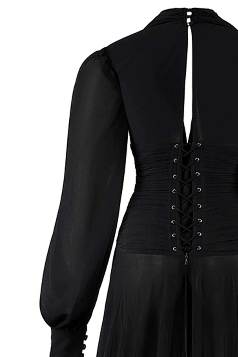 Black chiffon maxi gown with puffed sleeves and a corset-style bodice by CEM, elegant evening wear featuring a flowing silhouette.