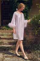 Light purple feather short robe with rhinestones, part of Not Just Pajama's midi dress collection, featuring feather details and elegant design.