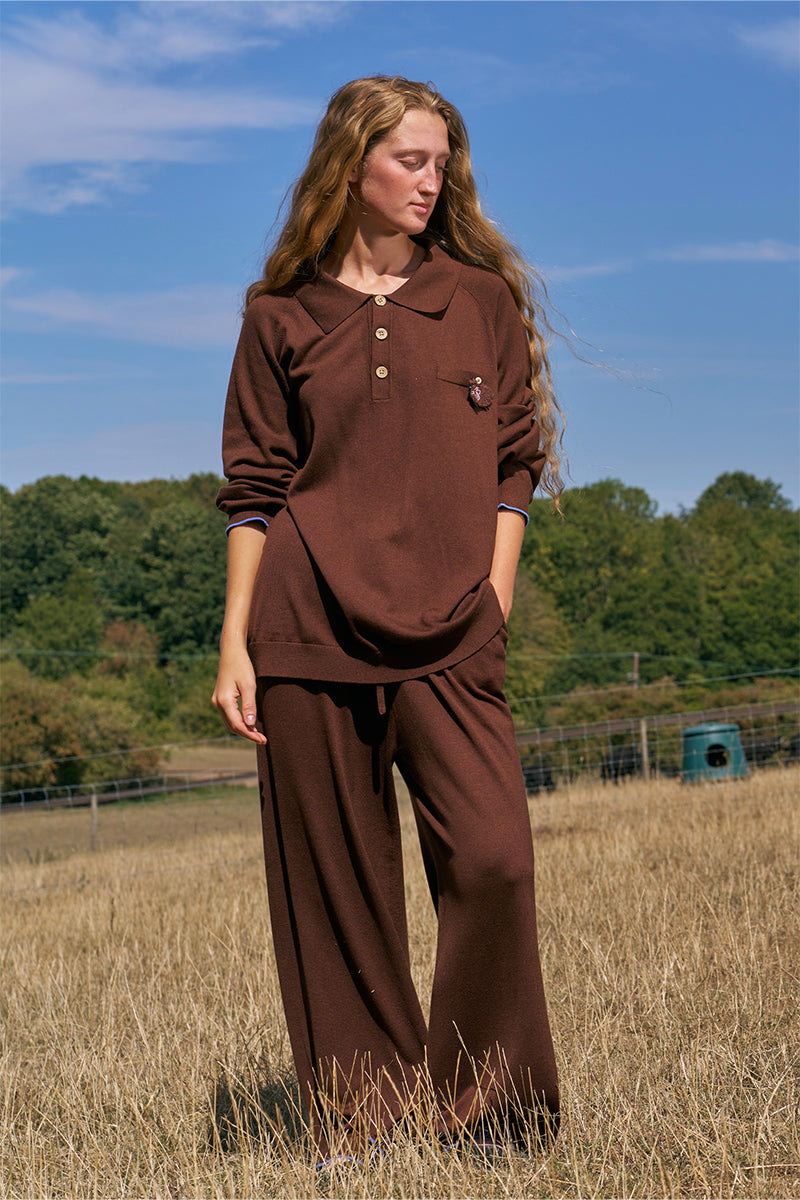 Unisex brown long sleeve knitwear shirt by Not Just Pajama, featuring a cozy knit fabric and classic fit.