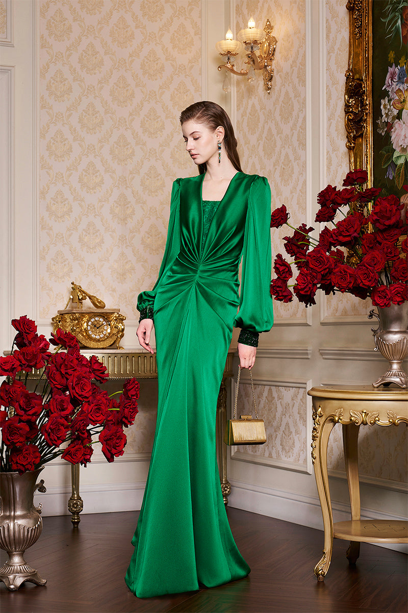 GREEN PLUNGE NECKLINE BOUFFANT SLEEVES SILK GOWN - CULT MIA