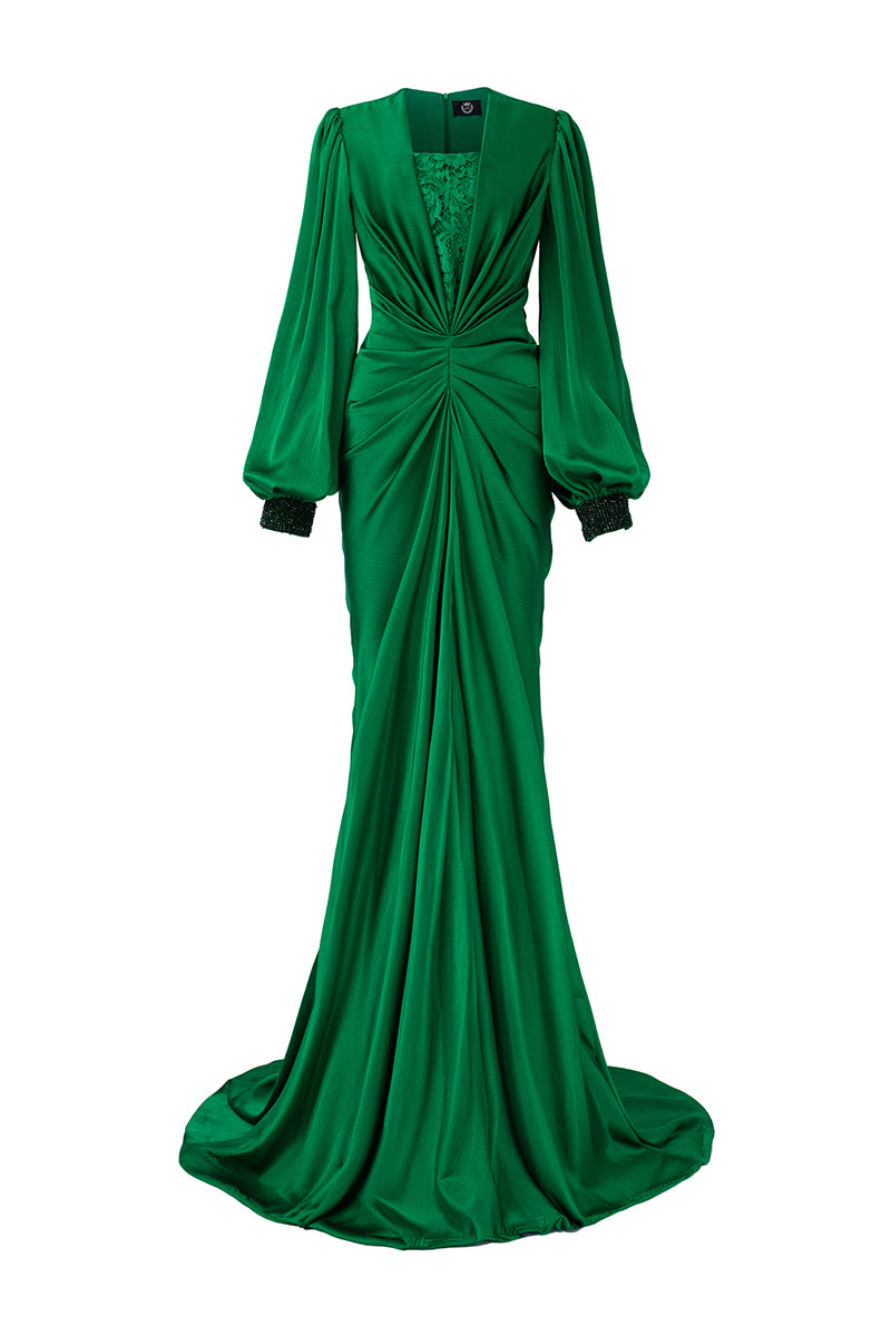 GREEN PLUNGE NECKLINE BOUFFANT SLEEVES SILK GOWN - CULT MIA