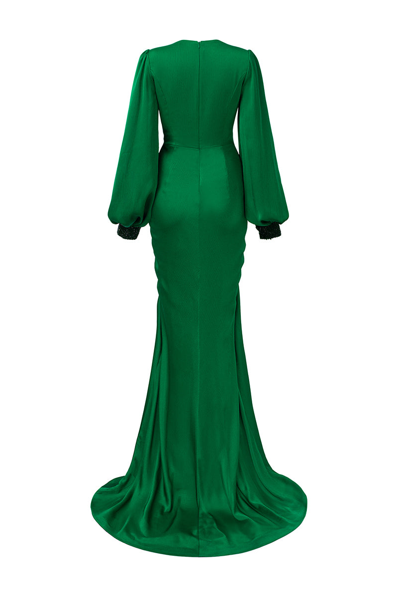GREEN PLUNGE NECKLINE BOUFFANT SLEEVES SILK GOWN - CULT MIA