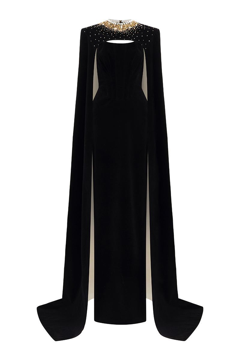 STRAPLESS BLACK VELVET CAPE GOWN - CULT MIA