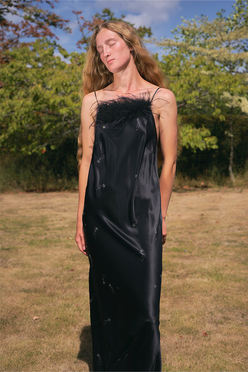 BIAS-CUT RHINESTONE AND FEATHER SLIP DRESS IN BLACK FEATHERS - CULT MIA