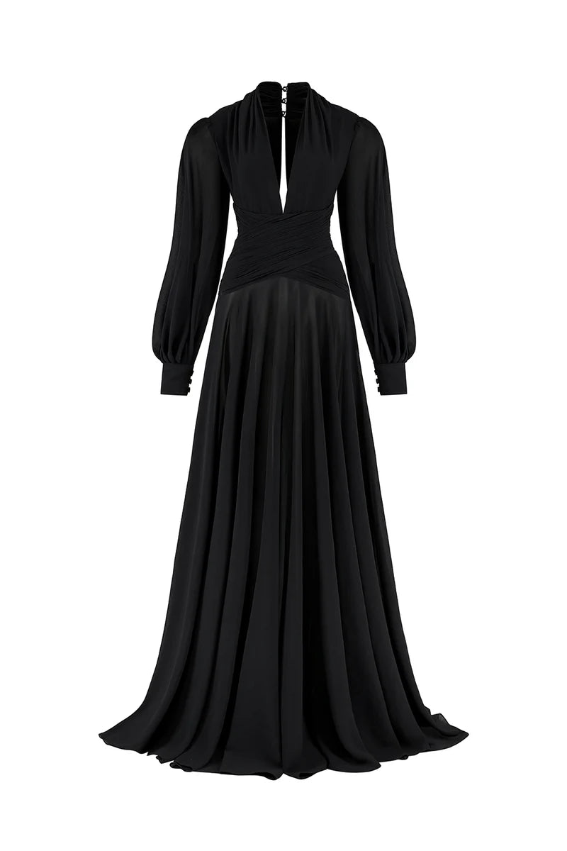 PUFFED SLEEVES CORSET CHIFFON MAXI BLACK GOWN | CULT MIA