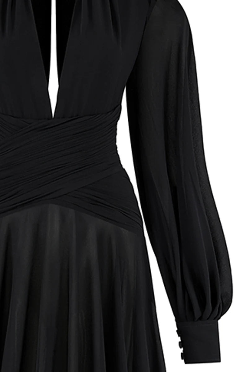 Black chiffon maxi gown with puffed sleeves and corset details from CEM, elegant and flowing for formal events.