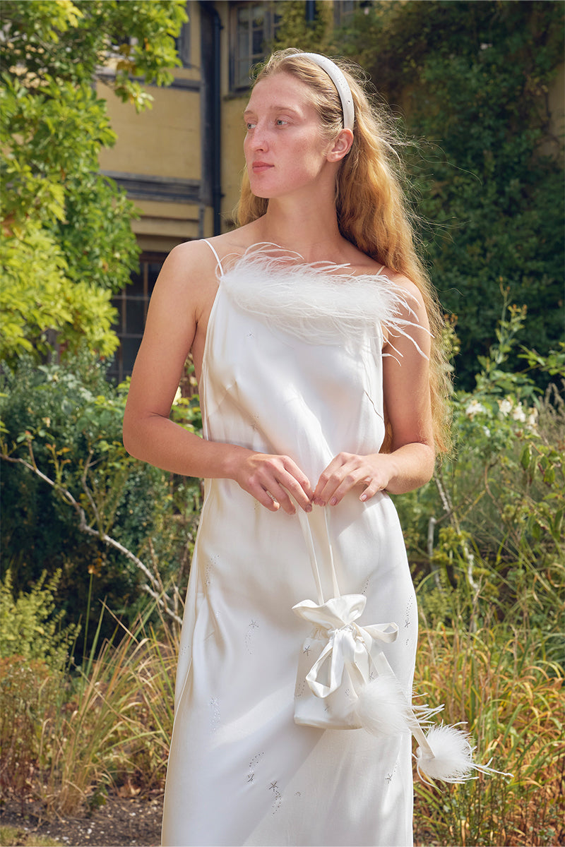 VEGA Collection Feathered Silk Rhinestone-Embellished Slip Dress