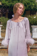 Light purple feather short robe with rhinestones, made by Not Just Pajama, featuring delicate feathers and sparkling embellishments.