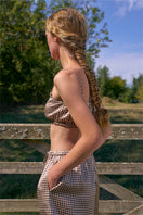 Brown plaid printed bandeau top and matching shorts from Not Just Pajama, cozy pajama set with a stylish plaid design.